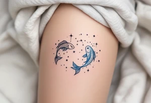 A black-ink Pisces star constellation fading into a soft sky-blue mist. tattoo idea