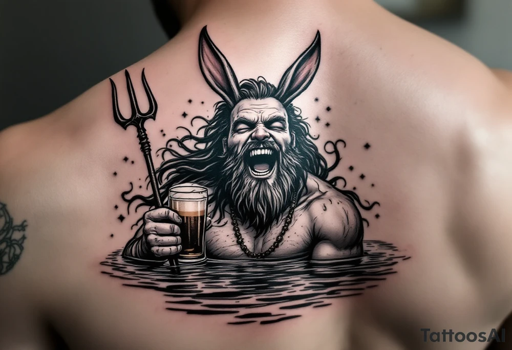 laughing poseidon in calm water, holding a trident, holding a beer, with bunny ears tattoo idea