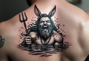 laughing poseidon in calm water, holding a trident, holding a beer, with bunny ears tattoo idea