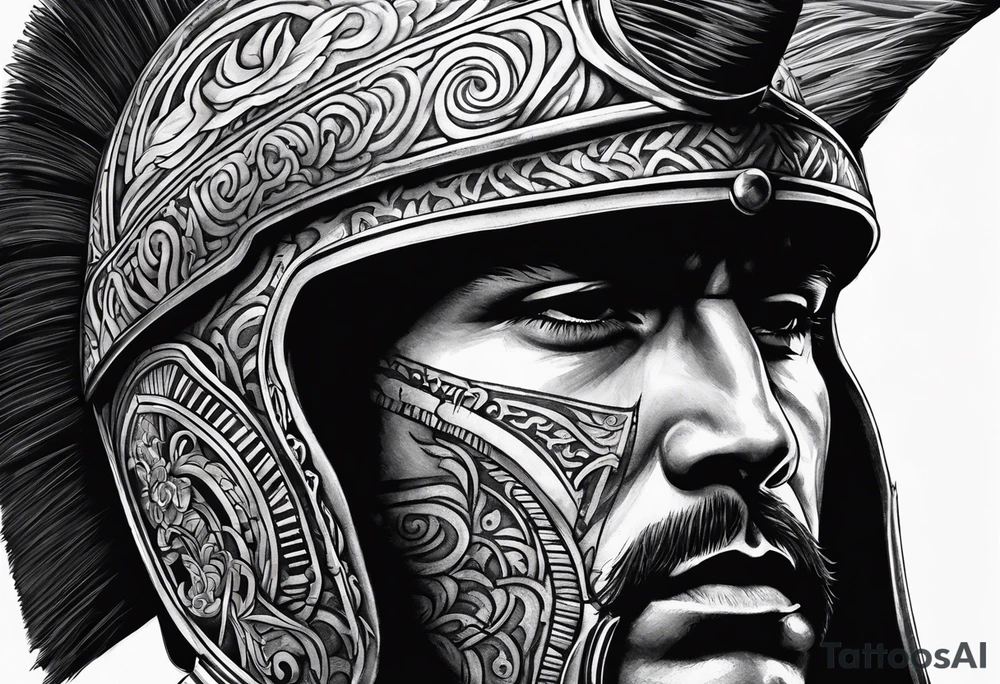 Spanish warrior with helmet and facing forward, needs to blend in a large barcode on the top, so helmet or banner should blend that in. tattoo idea