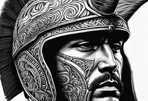 Spanish warrior with helmet and facing forward, needs to blend in a large barcode on the top, so helmet or banner should blend that in. tattoo idea