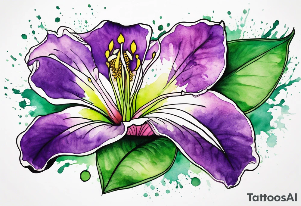 An outline of a rio dipladenia flower with a green and purple watercolor splash in the background tattoo idea