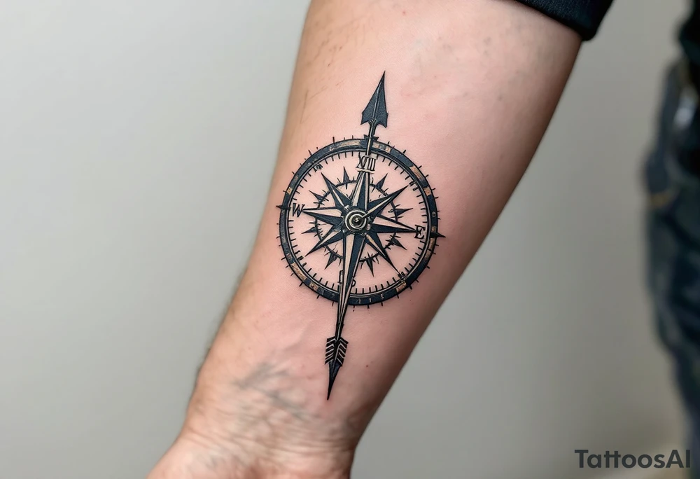 Rustic half compass half clock with and long native American arrow pointing at my wrist with the words “True North” tattoo idea