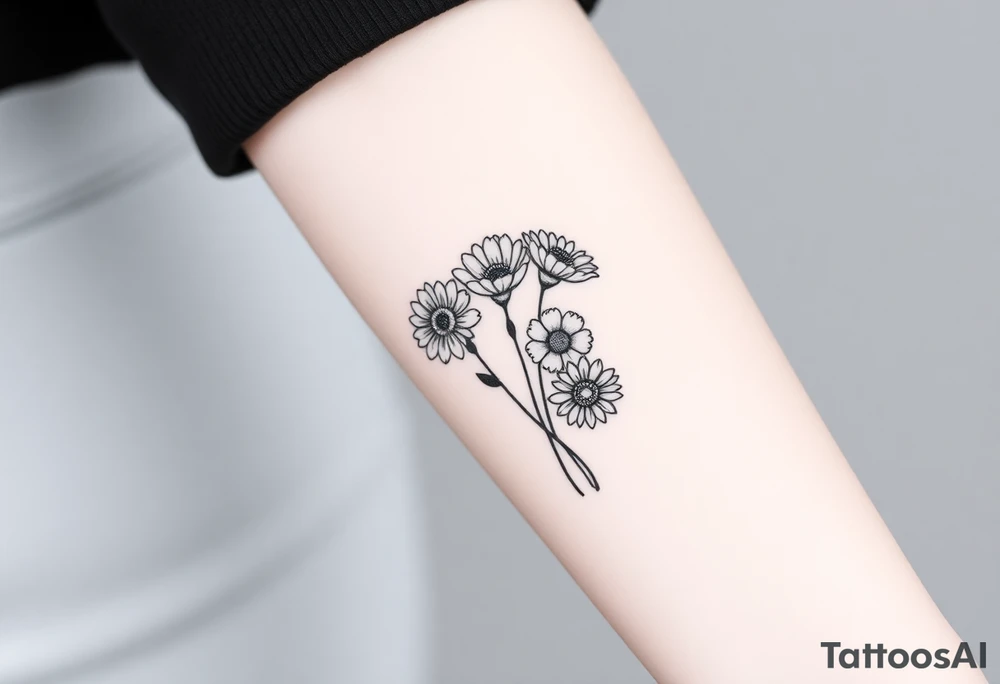 Small flower bouquet 1 daisy, 2 cosmo, 1 poppy, 1 chrysanthemum, tattoo idea