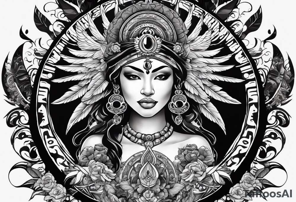 black kali, goddess pirate, alien, angel, pachamama, valkrye, warrior, flying, skull, lotus azul, wing, eagle, zenza resonance, stars, 5D, anahata chakra, death, durga, riding on a tiger, flying lady, kundalini, chest tatoo, rebel tattoo idea