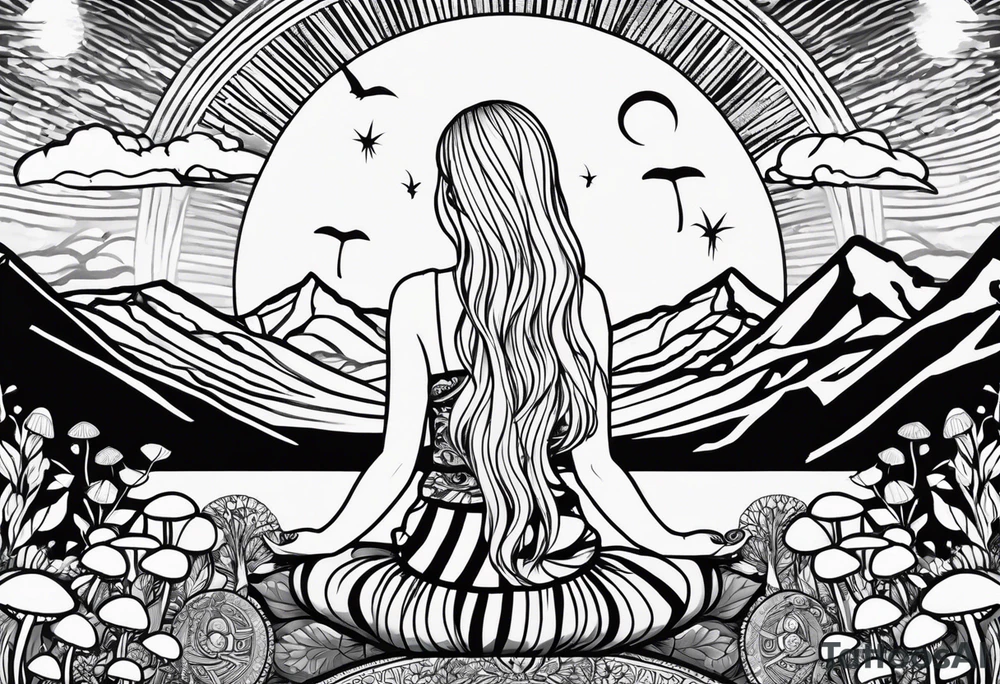 Straight blonde hair girl meditating facing away toward mountains surrounded by mushrooms crescent moon mandala circular design black and white striped dress tattoo idea