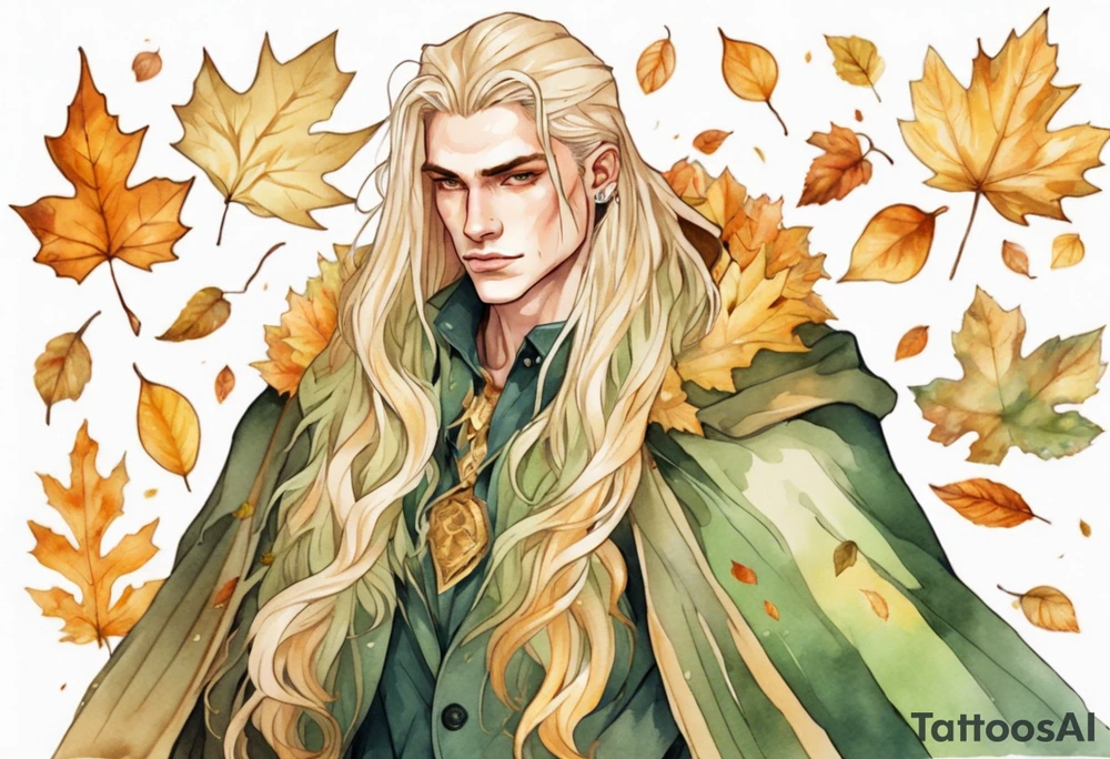 A young handsome man with pale green skin with long gold hair wearing a gold cloak surrounded by autumn leaves tattoo idea