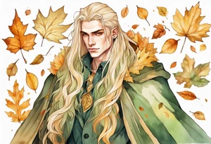 A young handsome man with pale green skin with long gold hair wearing a gold cloak surrounded by autumn leaves tattoo idea
