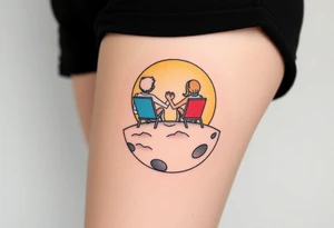 Two people holding hands, sitting in beach chairs, sitting on a giant planet tattoo idea