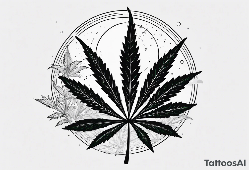 Minimal line art of cannabis plant from base to top with buds blooming. Around it are other plants like pothos leaves and mushrooms about to fruit. Incorporate the solar cycle and lunar cycle tattoo idea