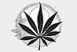 Minimal line art of cannabis plant from base to top with buds blooming. Around it are other plants like pothos leaves and mushrooms about to fruit. Incorporate the solar cycle and lunar cycle tattoo idea