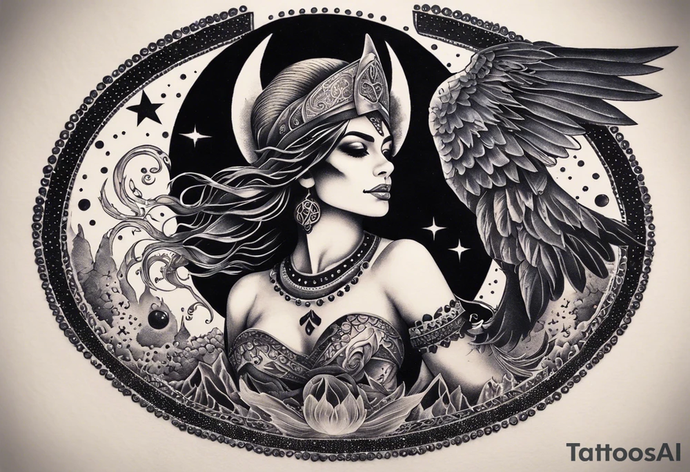 black kali, goddess pirate, alien, angel, pachamama, valkrye, warrior, flying, skull, lotus azul, wing, eagle, zenza resonance, stars, 5D, anahata chakra, death, durga, riding on a tiger, flying lady, chest tatoo tattoo idea