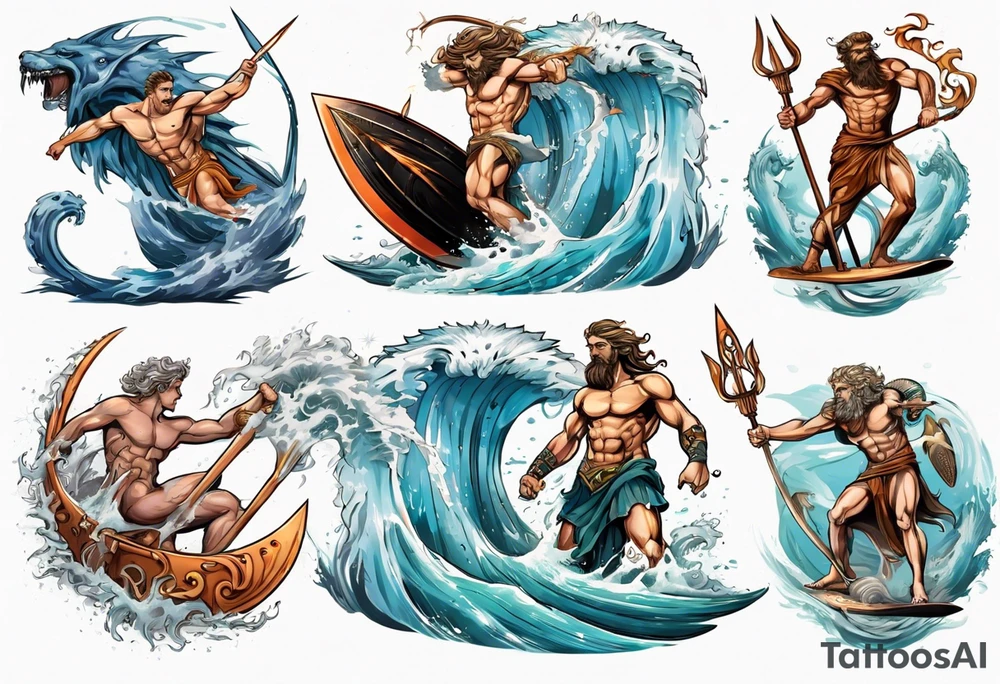 Ancient Greek gods of the sea fighting with surfer  and trident  with other gods tattoo idea