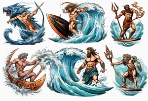 Ancient Greek gods of the sea fighting with surfer  and trident  with other gods tattoo idea