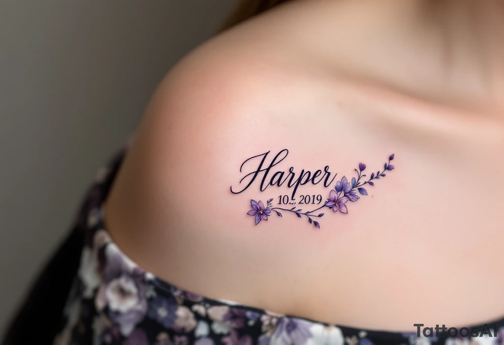 Hana 10. 02. 2019) – Soft violet and lilac flowers winding around Harper's birthdate, with subtle silver details. tattoo idea