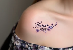 Hana 10. 02. 2019) – Soft violet and lilac flowers winding around Harper's birthdate, with subtle silver details. tattoo idea