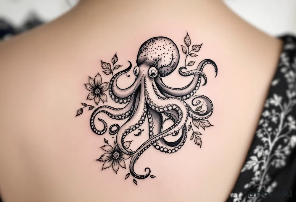 realistic octopus, detailed linework, intricate, black-and-grey shading, surrounded by floral ornaments, intertwining tentacles, thin black swirling lines, semi-transparent brown leaves, dotwork, ornamental flourishes, radiating design, fine-line style, minimalistic, organic flow, feminine, artistic, slightly surreal, seamless composition, marine botanical fusion, lifelike texture, graceful rhythm, natural growth integration, body-following design, smooth shading, soft leaves wrapping, blooming shoulder flower, outward radiating pattern, vine tentacle flow, integrated sea creature, botanical octopus curved body placement, natural organic movement tattoo idea