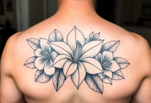 Beautiful, feminine, complex, detailed shading and cohesive mixture of the following: sampugita flower, anahaw (Livistona rotundifolia), ylang ylang tattoo idea