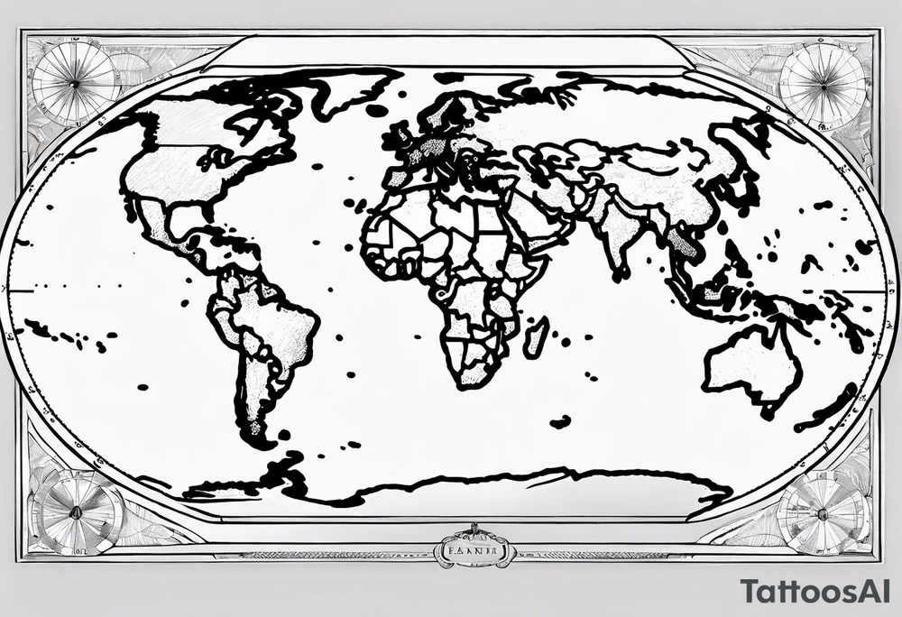 the earth on a flat map with no shading placed on a grid with only the lines with accurate depictions of the borders in countries while having it in an oval/circular position on a grid without any borders on the sides while having the countries not have such bold borders tattoo idea