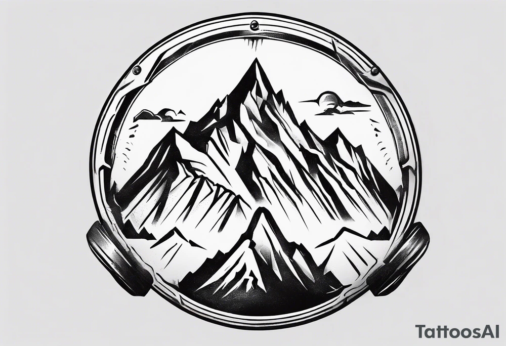 road cycle front wheel drawn as a gym weight plate with a mountain in the middle tattoo idea