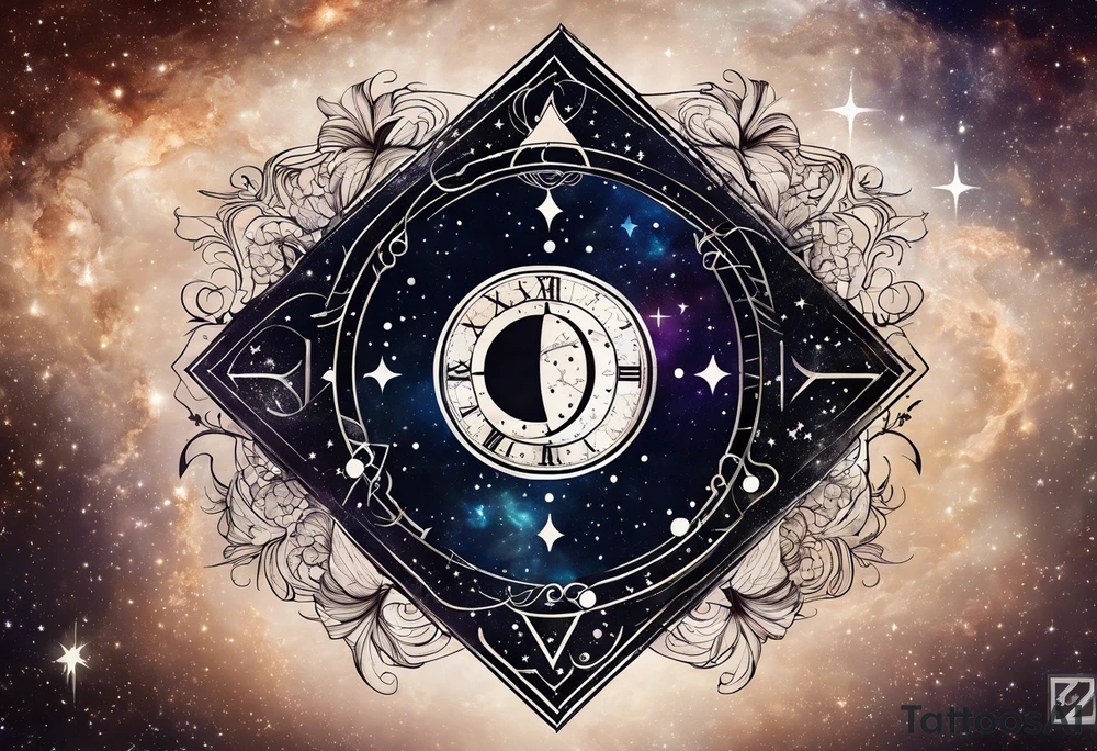 Matter, energy, space and time with an old stone theta symbol with stars in the background and Scorpio constellation tattoo idea