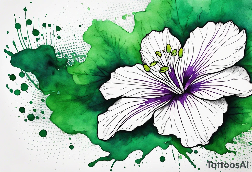 An outline of a green rio dipladenia flower and a green and purple watercolor splash in the background tattoo idea