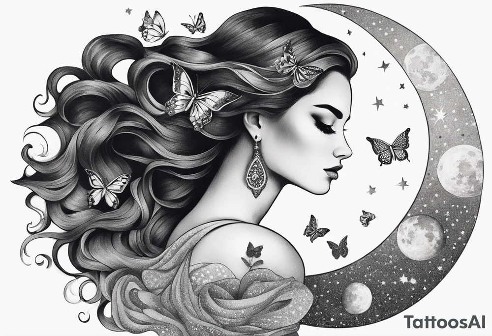 Beautiful woman with butterflies in her long wavy hair sitting on a half moon, with a moon and star background tattoo idea