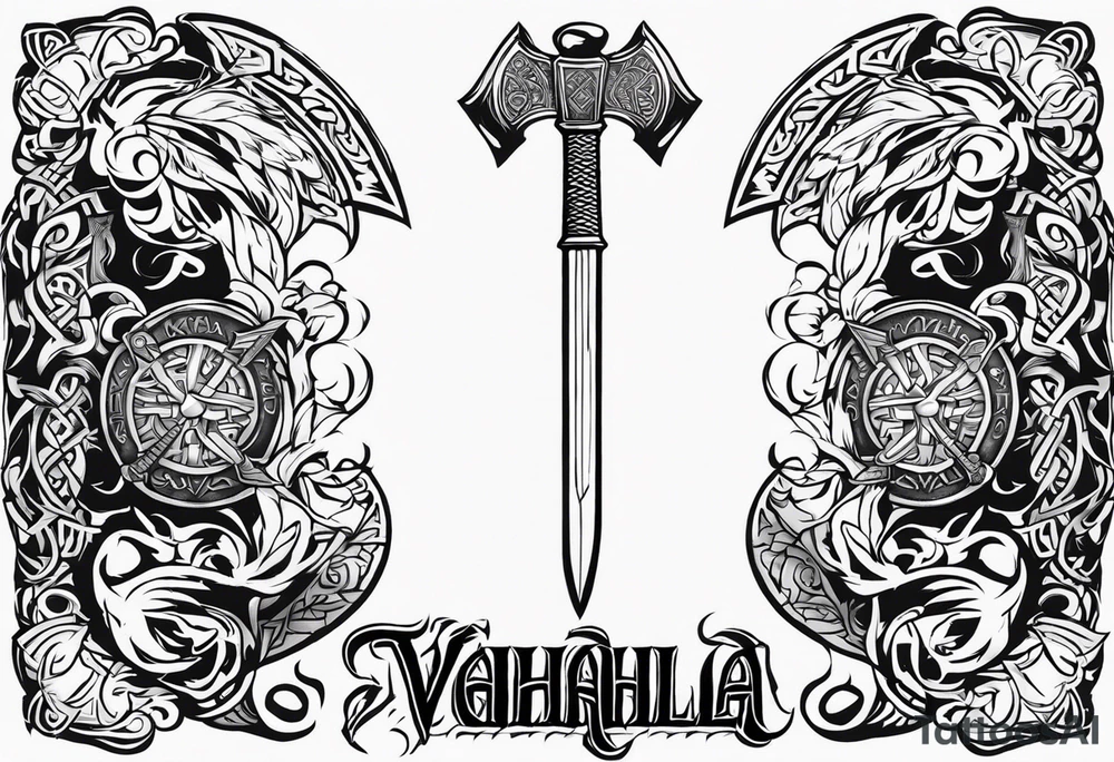 Valhalla viking gods shield hatchet sword tattoo idea