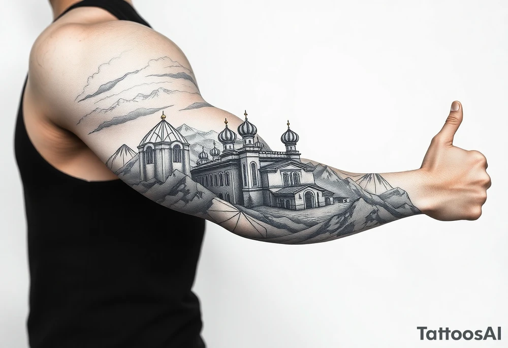 russian orthodox christian left arm tattoo with st basils cathederal in a mountainous setting with clouds tattoo idea