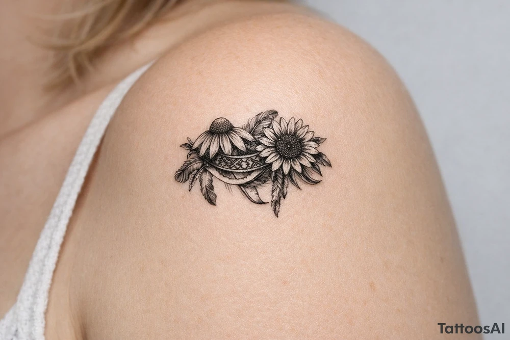 Coneflower and sunflower with feathers and female Indian headband ribboned through tattoo idea
