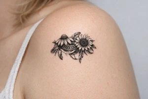 Coneflower and sunflower with feathers and female Indian headband ribboned through tattoo idea