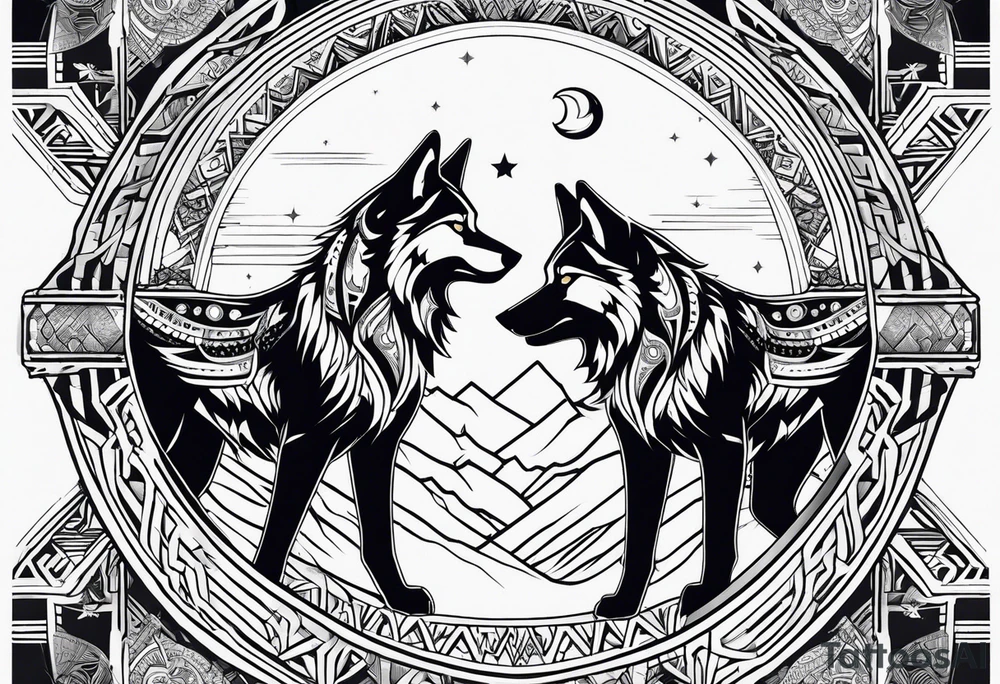 Forearm futuristic tribal theme design with moon and wolves and arabic words tattoo idea