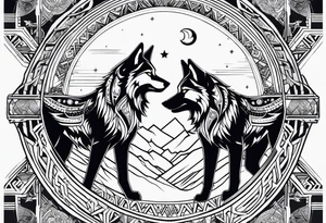 Forearm futuristic tribal theme design with moon and wolves and arabic words tattoo idea