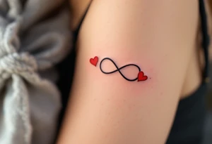 A bold black infinity sign entwined with two matching red hearts at each loop end. tattoo idea
