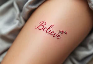 "Believe" in vibrant red with floral accents in soft pink and green, representing growth and perseverance. tattoo idea