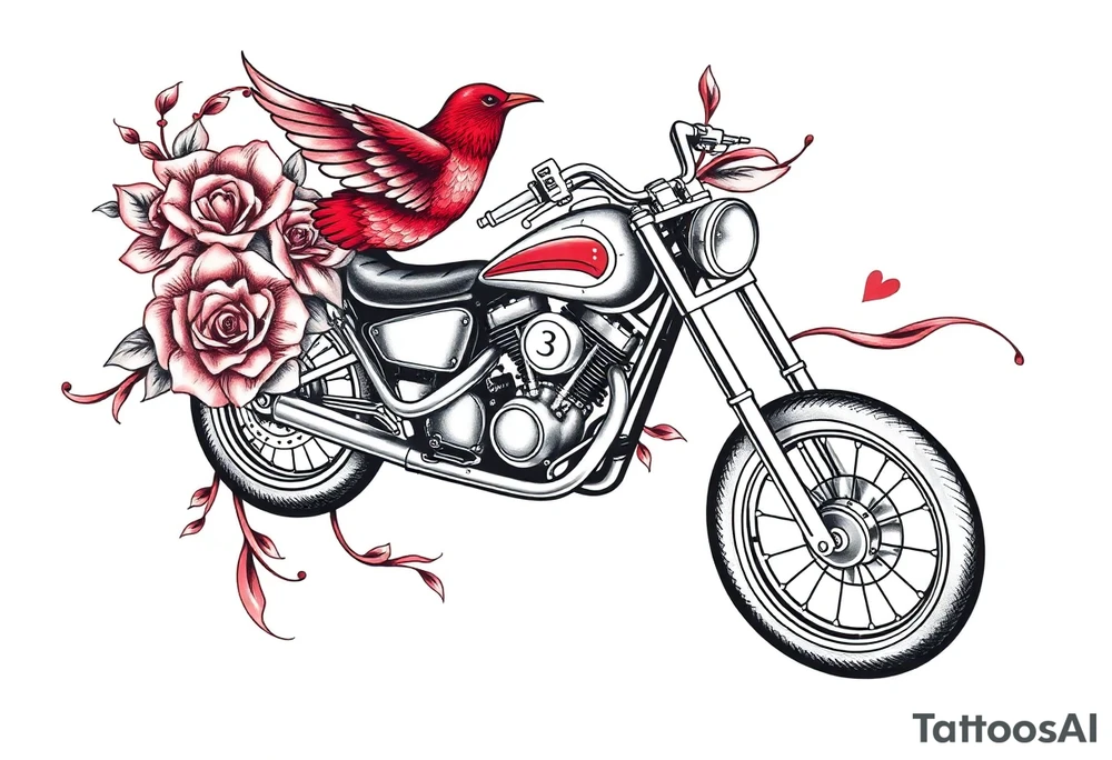 Motorcycle, red bird flying, roses and lace, flames tattoo idea