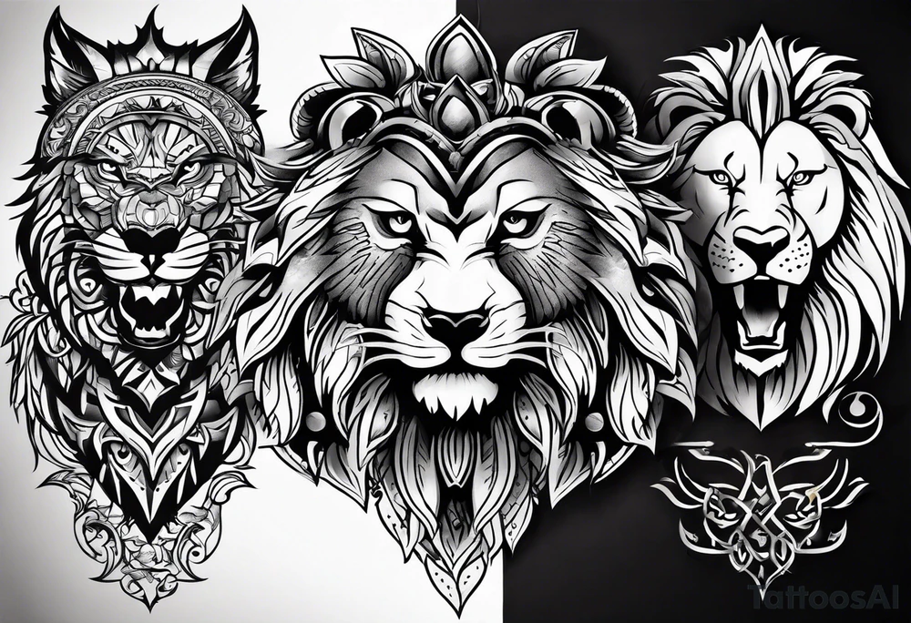 create a tattoo style image, merging the 3 animals, an American eagle, a lion and a wolf tattoo idea