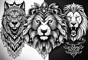create a tattoo style image, merging the 3 animals, an American eagle, a lion and a wolf tattoo idea