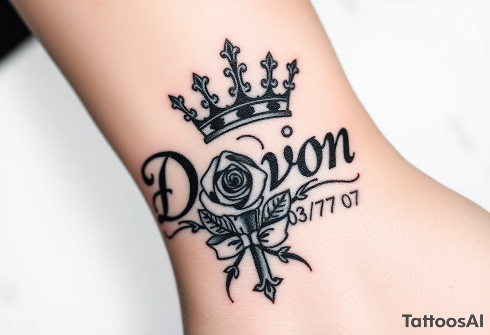 Name D3von with a crown and rose and cross and 03/27/07 tattoo idea