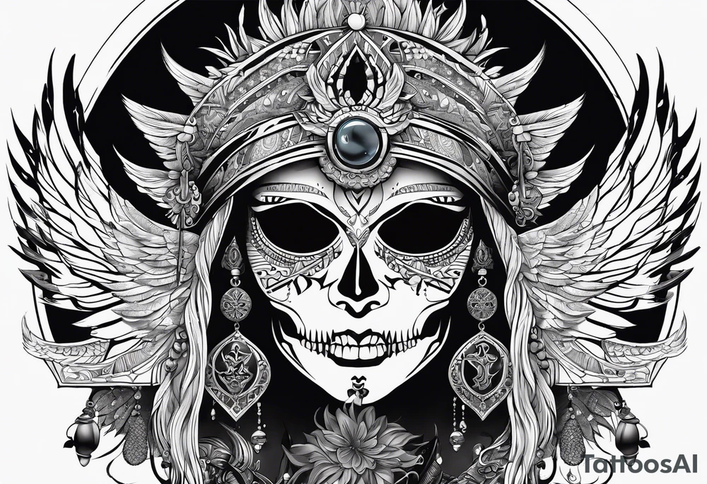 black kali, goddess pirate, alien, pachamama, valkrye, warrior, skull, lotus azul, wing, eagle, zenza resonance, stars, 5D tattoo idea