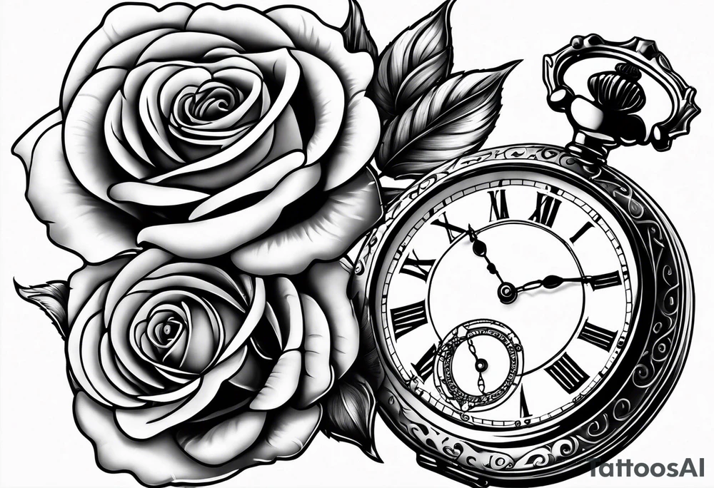 Pocket watch with chain and roses tattoo idea