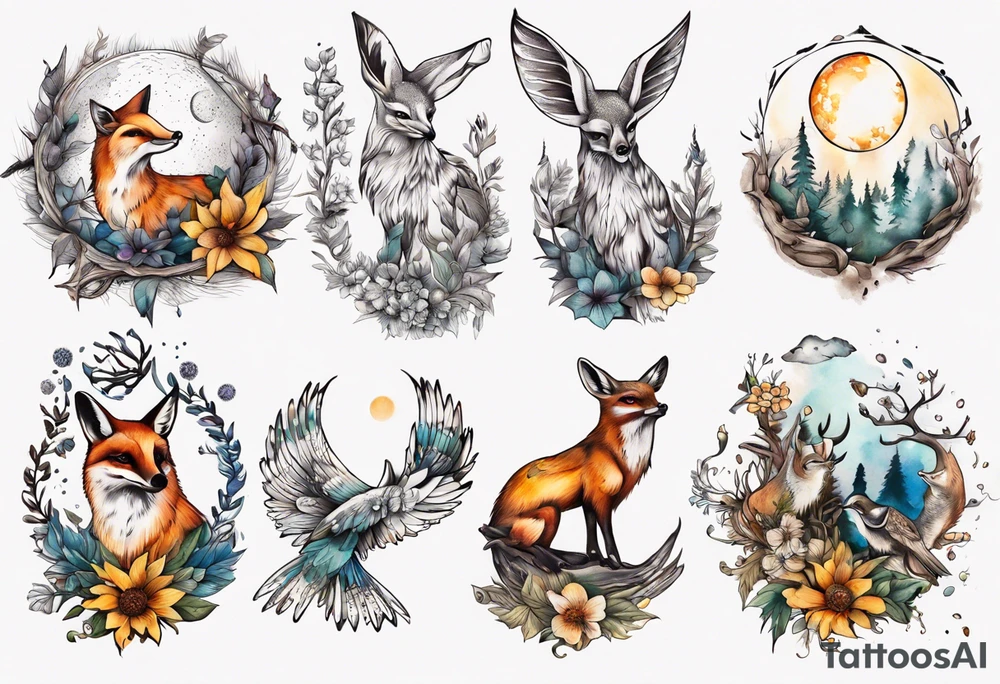 wasser, sonne, mond, fuchs, eule kolibri, wald, hirsch, blume des lebens, 
baum, berlin tattoo idea