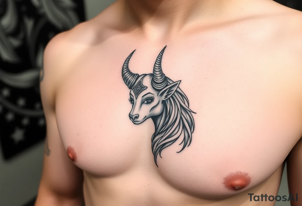 Feminine Tattoo female with horns just barley touching collarbone with a lot of shading tattoo idea