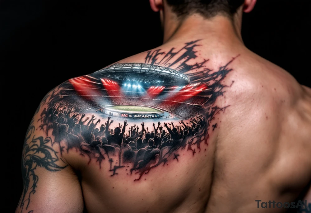 A forearm piece showing the HC Sparta arena lit in blue and red lights, with roaring crowd silhouettes. tattoo idea