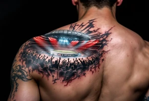 A forearm piece showing the HC Sparta arena lit in blue and red lights, with roaring crowd silhouettes. tattoo idea