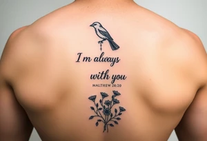 Bible verse “I am always with you Matthew 28:20” going vertical down the spine  with a dainty bird on top with small flowers on the bottom tattoo idea