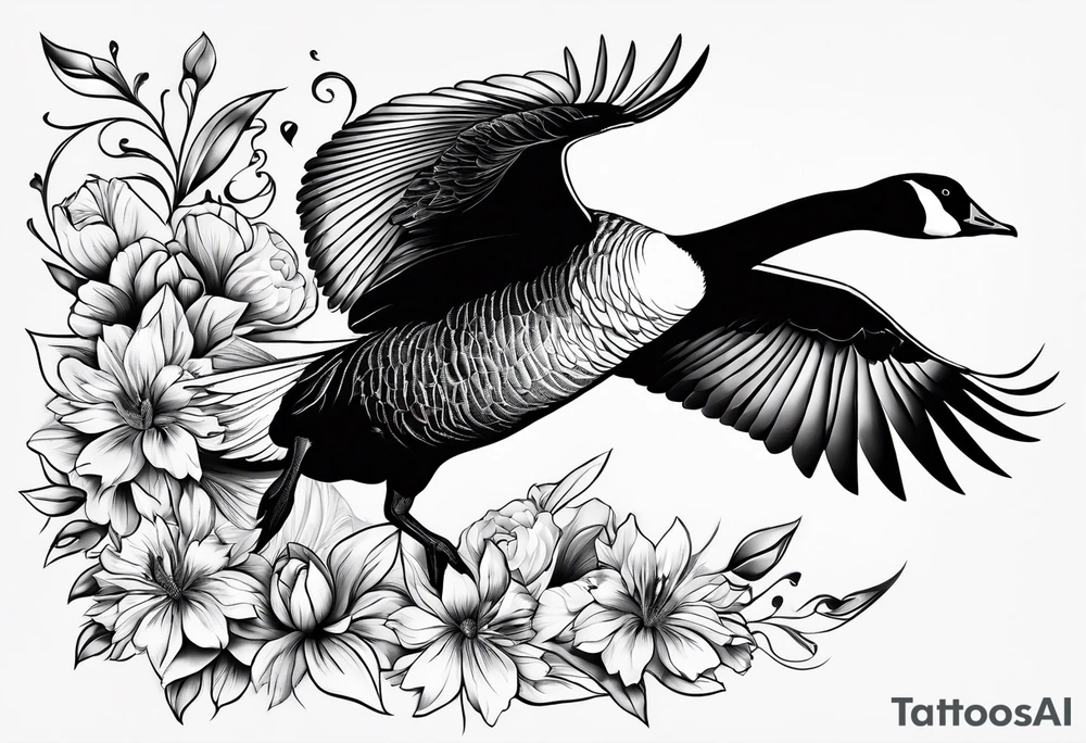 canadian goose taking off profile flowers tattoo idea