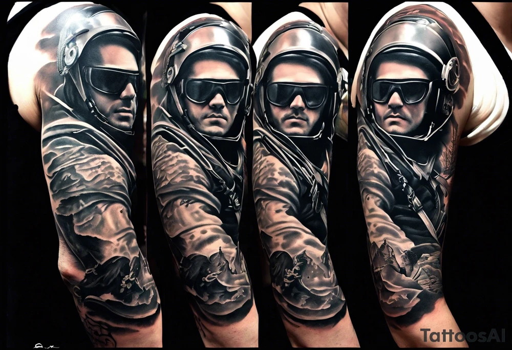 half sleeve tattoo. pauldron, 3 boys Ben Trey Hayden, wife Karen, 1st degree black belt, mountain biking, skiing, sky diving, texas holdem, fly fishing, paintball mask tattoo idea