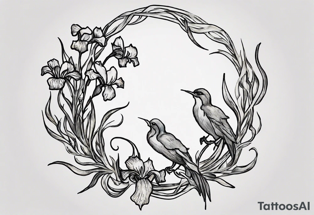Create a small Vincent van Gogh Irises tattoo. The tattoo should take the form of a crescent, with vines gracefully intertwining at a central point in the middle of the wreath with a bird. The intended placement is on the upper chest. The overall design should be small in size while maintaining a delicate and artistic aesthetic. Pay attention to the graceful flow of the vines and the placement of the irises to achieve a refined and elegant look. tattoo idea