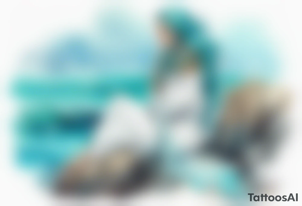 An undine with turquois scales wearing a white robe, sitting on rocks by the ocean tattoo idea